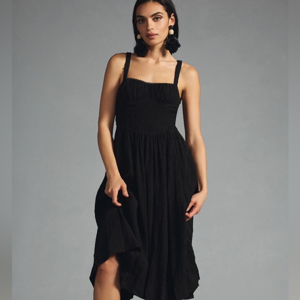 By Anthropologie Textured Smocked Midi Dress Size S Black